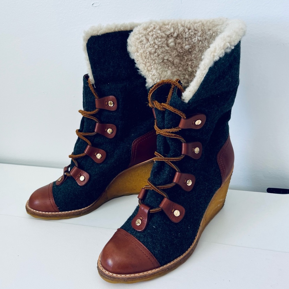 Tory Burch Wedge Shearling Cuff Leather Boot, Grey and Brown. US 6.5